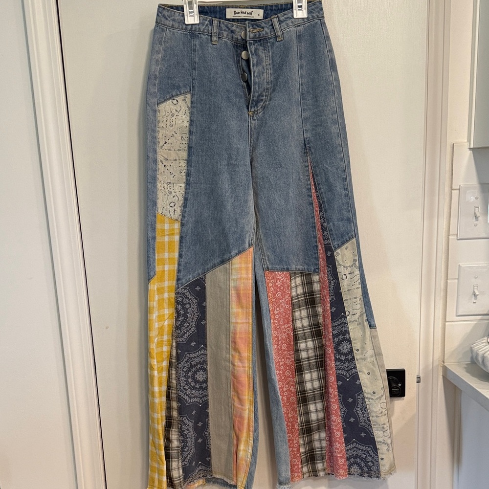 Three Bird Nest Denim Wide Leg Jeans with Yellow & Multicolor Patchwork